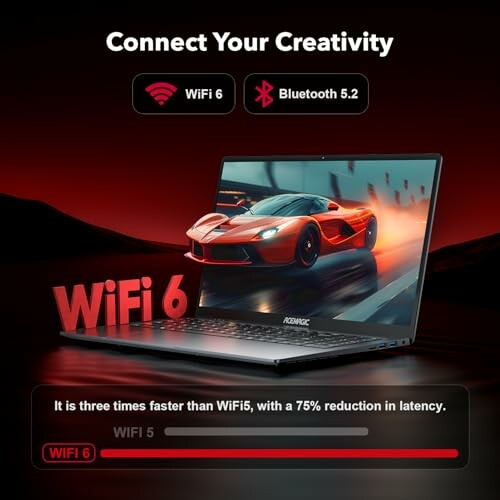 Laptop with WiFi 6 and Bluetooth 5.2 features highlighted.