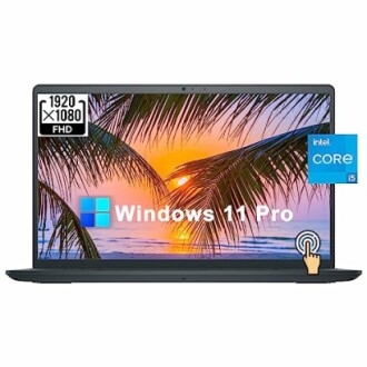 Laptop with Windows 11 Pro and Intel Core i5, sunset on screen