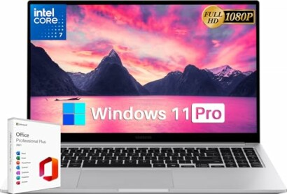 Laptop with Windows 11 Pro and Office software box