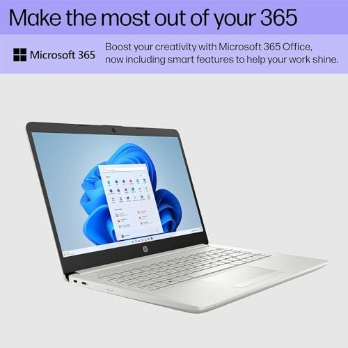 Laptop displaying Microsoft 365 promotional screen.