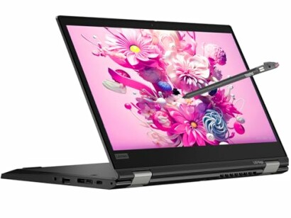 Lenovo Flex laptop in tent mode with a stylus on a floral display.