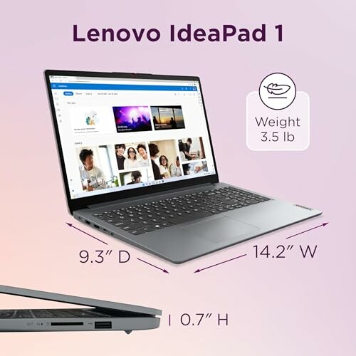 Lenovo IdeaPad 1 laptop showing dimensions and weight.