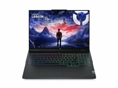 Lenovo Legion gaming laptop with illuminated keyboard and scenic wallpaper.