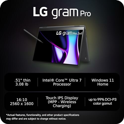 LG gram Pro 2-in-1 laptop showcasing its powerful capabilities with the Intel Core Ultra 7 processor and Windows 11 Home.