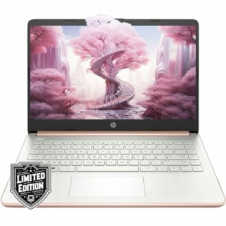 Limited edition pink HP laptop with fantasy spiral staircase wallpaper