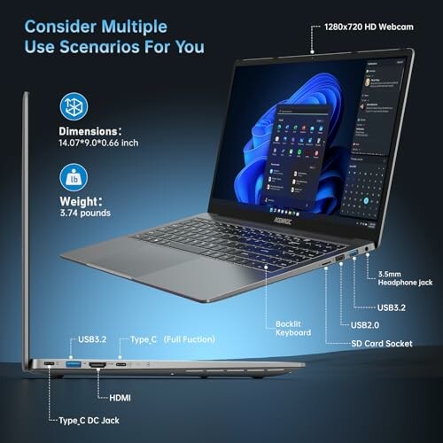 Laptop with multiple ports and features displayed.