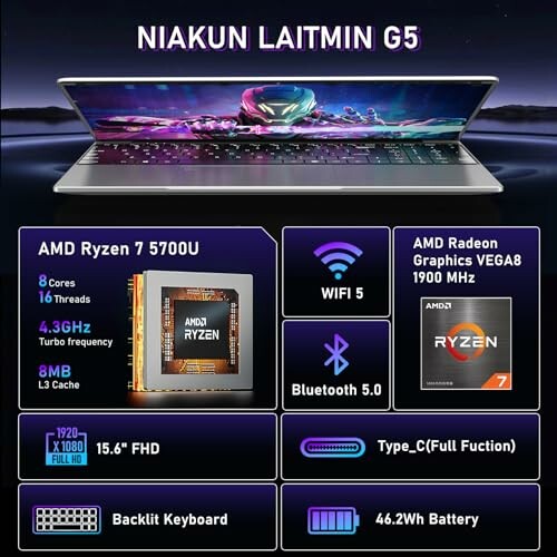 Niakun Laitmin G5 laptop specifications with AMD Ryzen 7 5700U and Radeon Graphics.