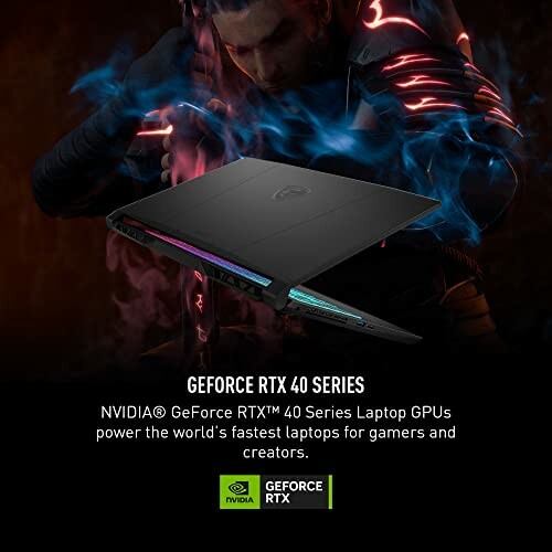 NVIDIA GeForce RTX 40 Series laptop with glowing design and text about fast GPUs for gamers and creators.