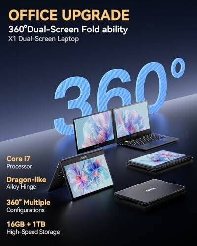 Office upgrade with 360-degree dual-screen foldable laptop featuring Core i7 and dragon-like alloy hinge.