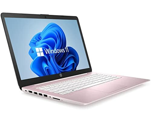 Pink laptop with Windows 11 display