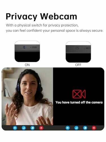 Privacy webcam with on and off switch demonstration, showing a woman on a video call.