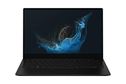 Front view of a sleek black laptop with a dark screen displaying abstract blue art.