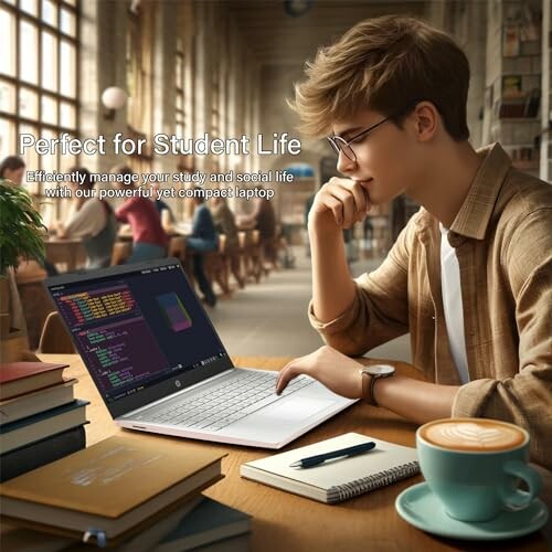 Student working on laptop in a library with coffee and notebooks.