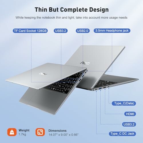 Thin lightweight laptop with multiple ports including USB3.2, HDMI, and headphone jack.