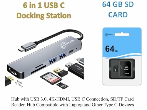 6-in-1 USB C docking station with 64 GB SD card