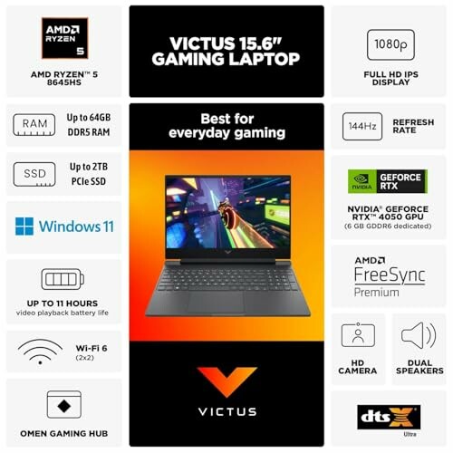 Victus 15.6-inch gaming laptop with AMD Ryzen 5 processor, 1080p display, 144Hz refresh rate, up to 64GB RAM, up to 2TB storage, NVIDIA GeForce RTX 4050 GPU, Windows 11, and various features.