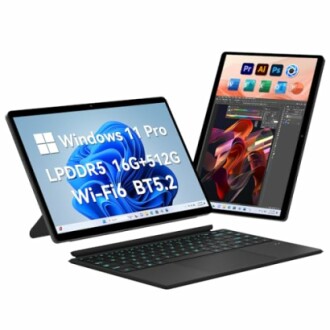 Dual-screen Windows 11 Pro tablet and laptop with specifications displayed.